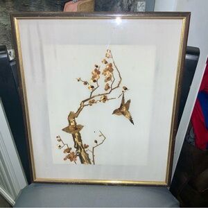 Straw Patchwork Art 2 Birds on Branch  Michel Rosso Cadres d’Art Vintage